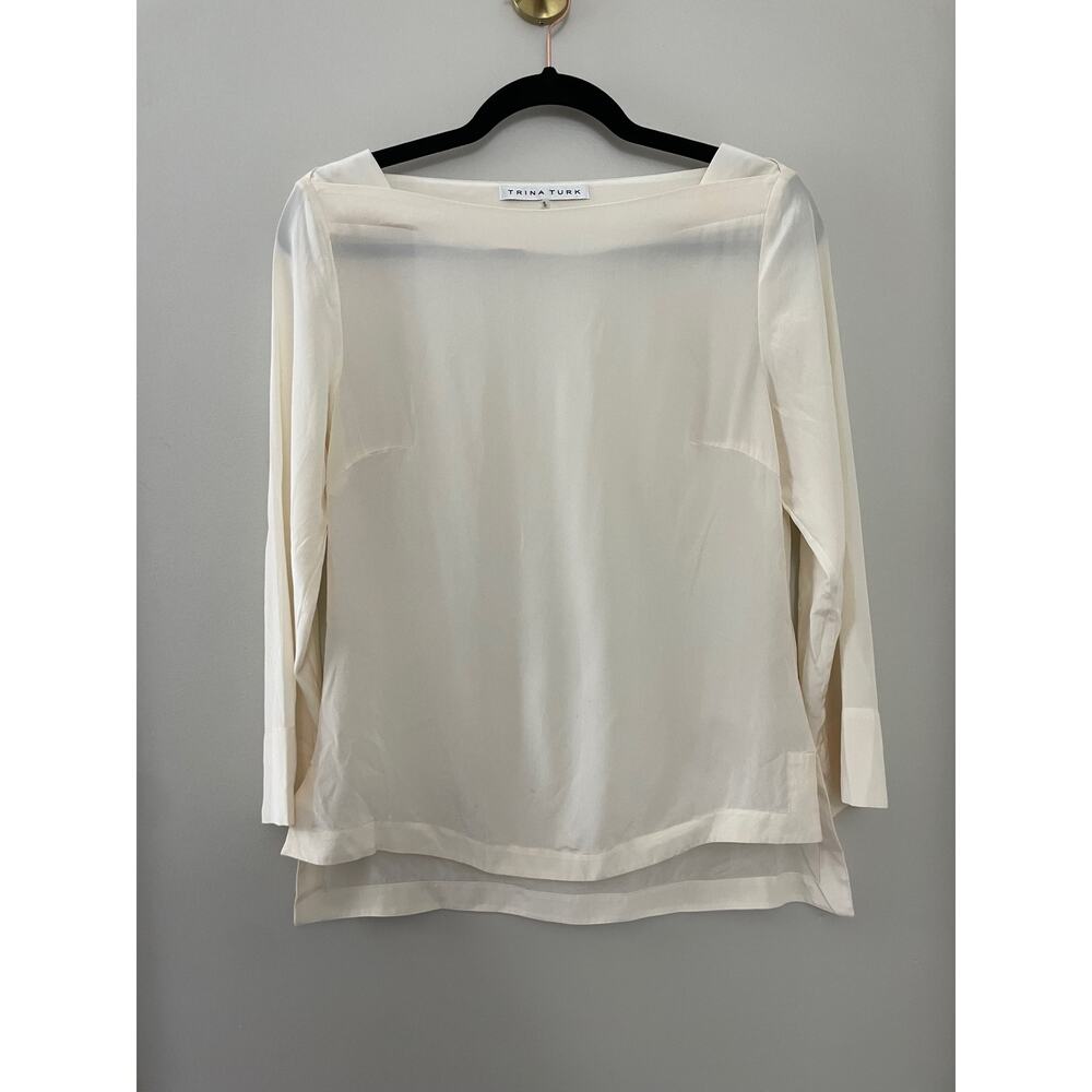 Trina Turk Classic Minimalist 100% Silk‎ Cream Boat Neck Top S